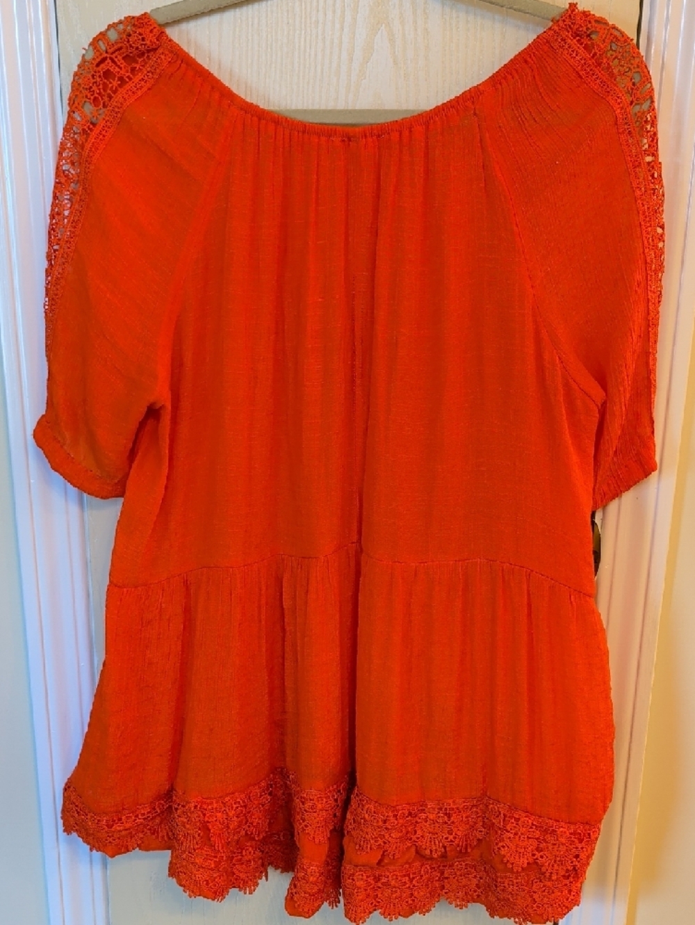 Peasant Top Crochet Trim (Hi/Low) Cotton Gauze - Bright Orange (Size L) - Picture 2 of 5